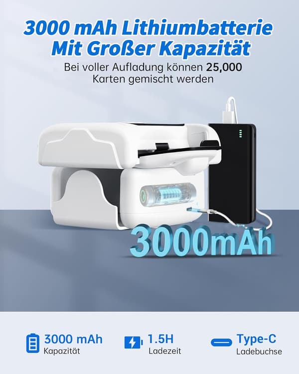 Elektrisk kortblander med lavt støjniveau, 3000 mAh, kortblander, 2 tilstande