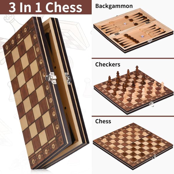 3-i-1 schackspel, hopfällbart schackbräde i trä, magnetiskt schackspel med spelpjäser och förvaringsfack (34 * 34 cm)