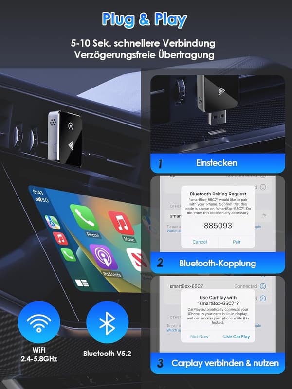 Trådlös 2-i-1-adapter för CarPlay/Android Auto