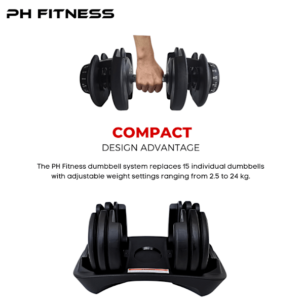 PH Fitness Justerbara Hantlar 24KG (2 st) – Dumbells Hantelset - Dumbbells - 15 Viktinställningar från 2,5 - 24 kg / Fria Vikter Set Svort