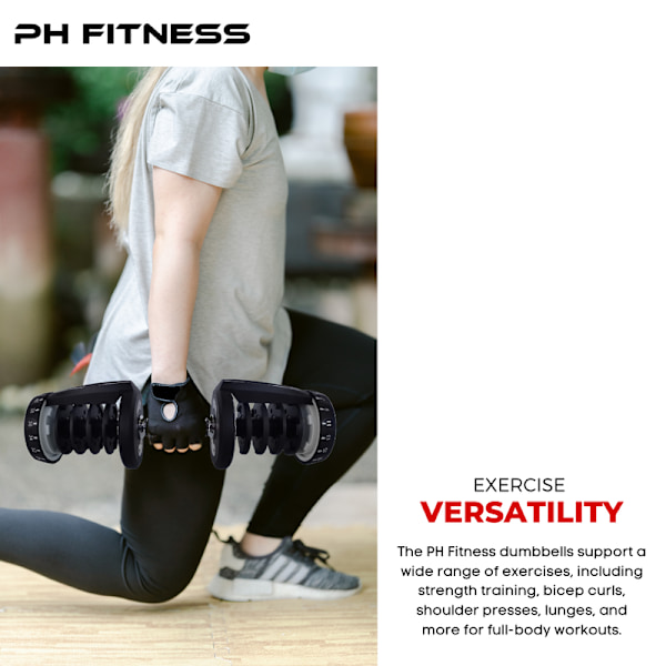 PH Fitness Justerbara Hantlar Set 5-40KG (2 st)  – Dumbells Hantelset - Justerbar - 15-17 Viktinställningar / Fria Vikter Svart