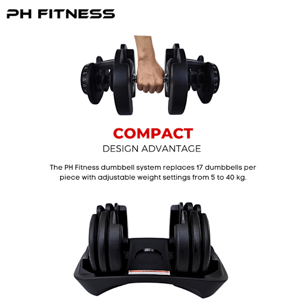 PH Fitness Justerbara Hantlar Set 5-40KG (2 st)  – Dumbells Hantelset - Justerbar - 15-17 Viktinställningar / Fria Vikter Svart