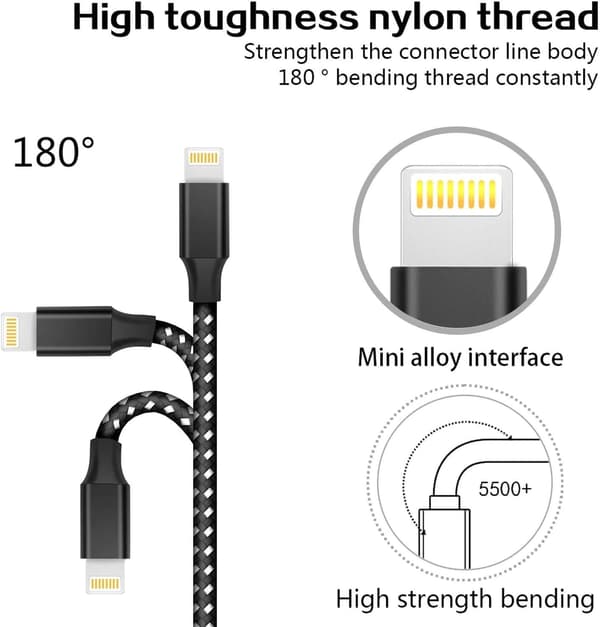 iPhone opladerkabel 3-pak, 1 meter nylonflettet hurtigopladning og synkronisering iPhone datakabler, sort.