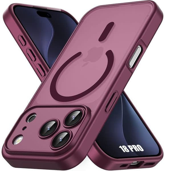 Etui til iPhone 18 Pro med magnetisk ring og integreret kameraglasbeskyttelse - Bordeaux