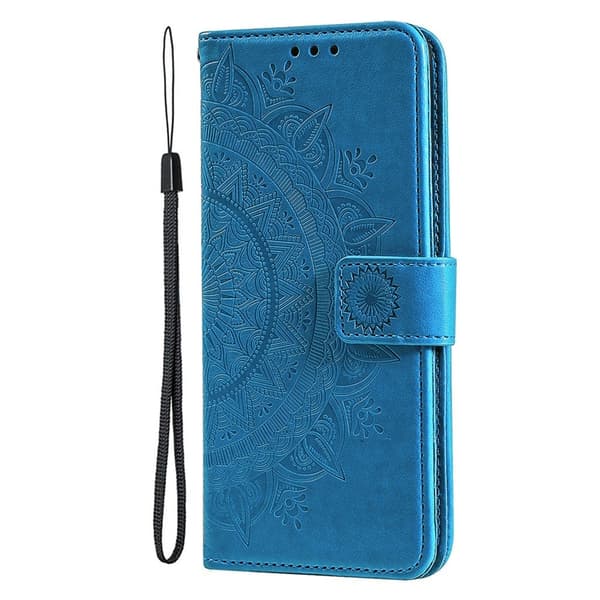 iPhone 15 mobilskal, mandalamönster, lädermaterial, blå.