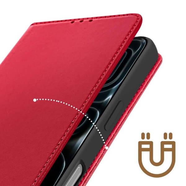 Folio-etui til iPhone 17 Pro Max med kortplads og standfunktion i rød farve