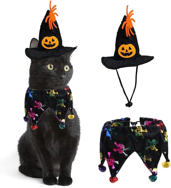 2 stk. katte- og hundekostumer til Halloween med Halloween-halsbånd til kat og Wit