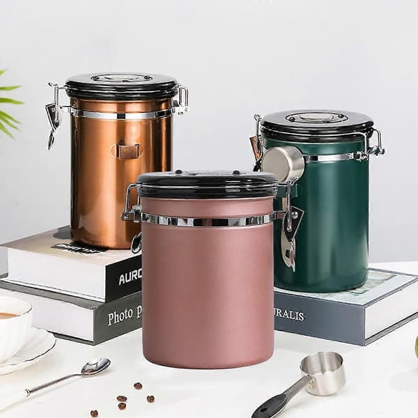 1,5L bronze rustfrit stål lufttæt kaffekrukke med datosporefunktion, vakuumforseglet