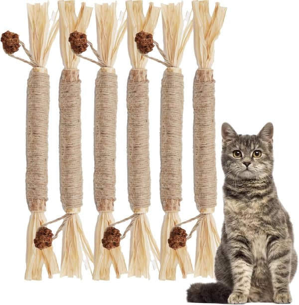 Sølvvinpinde til katte (6 stk.), Naturlige katteurtpinde, Tyggepinde til kattetænder, Interaktive kattepinde, Katteurtlegetøj, Tyggelegetøj til killinger