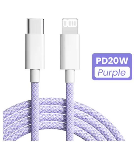 20W USB-C PD datakabel til iPhone 14/13/12/11 Pro Max/Xs/8 Plus/iPad, 3A datakabel, lilla, 2 meter.