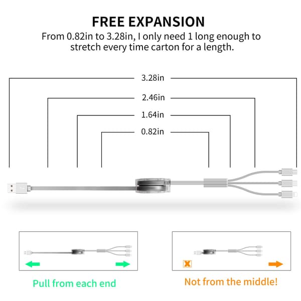 2-pakning med multifunksjonelle USB-ladekabler, uttrekkbare, 3-i-1 multifunksjonelle