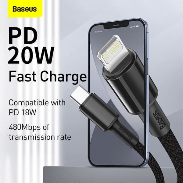 BASEUS 2m 20W PD Type-C Lightning punottu nailoninen datakaapeli - musta