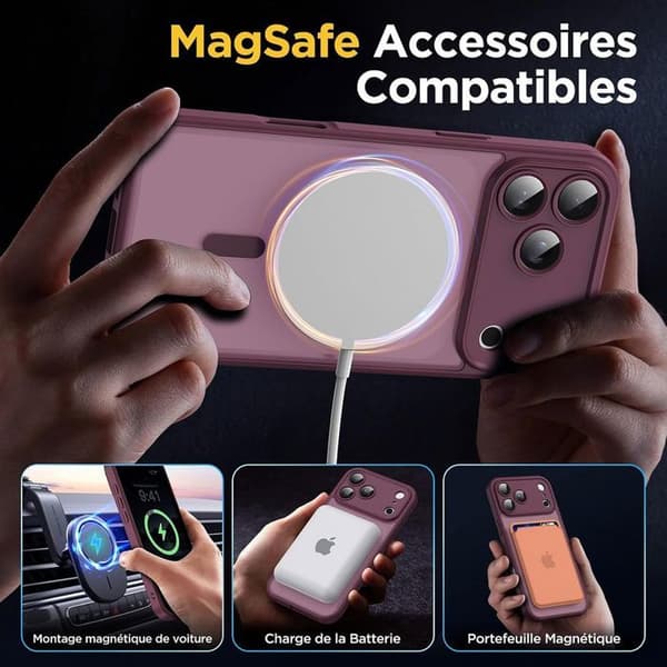 Etui til iPhone 18 Pro med magnetisk ring og integrert kameraglassbeskyttelse - Bordeaux