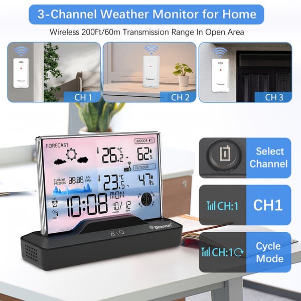 Geevon Trådløst Indendørs/Udendørs Termometer, Farvedisplay, Barometer, Kalender - CJY Sort