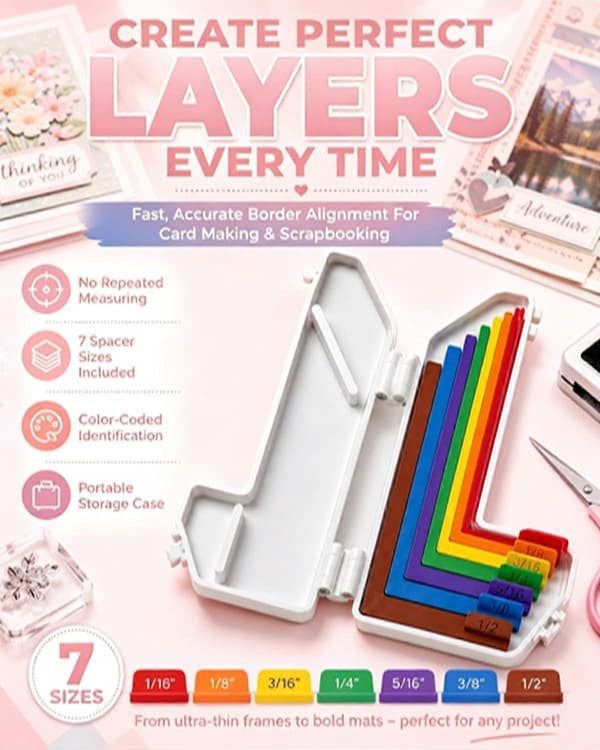 7 stk. papirhåndværk justeringsguider med opbevaringspose, præcisionslagdeling og mat-afstandsstykker til kortfremstilling og scrapbooking DIY, farvekodet E E