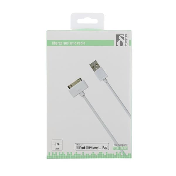 DELTACO USB til Apple 30-pinners synkroniserings-/ladekabel, 1 meter, hvit.