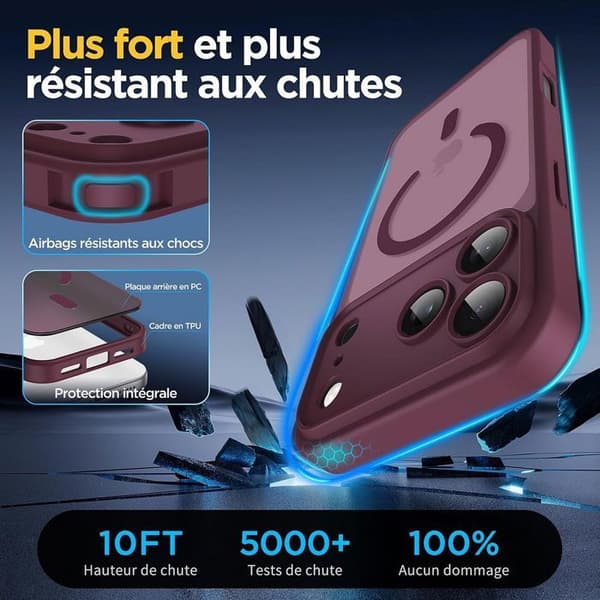Etui til iPhone 18 Pro med magnetisk ring og integrert kameraglassbeskyttelse - Bordeaux