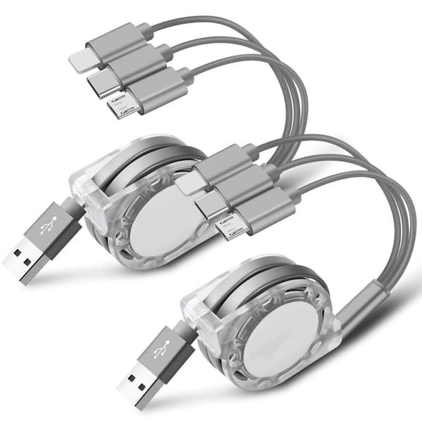 2-pack multifunktionella USB-laddningskablar, infällbara, 3-i-1 multifunktionella