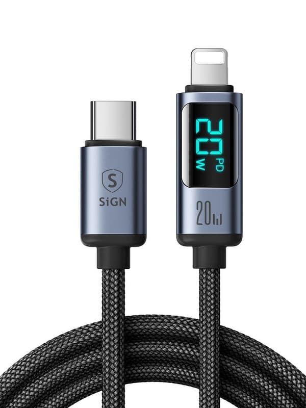 SiGN 20W USB-C–Lightning-datakaapeli (näytöllä), 2 metriä - Musta