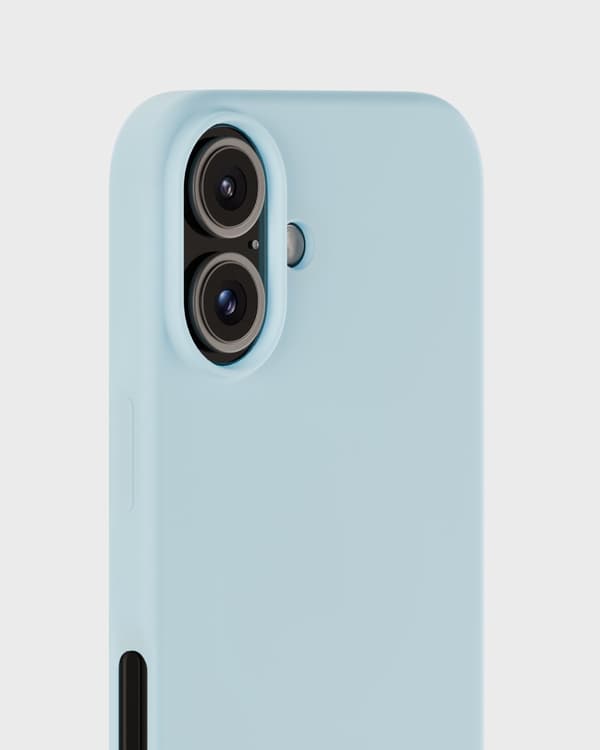 iPhone 16 mobilskal, silikonmaterial, mineralblå.