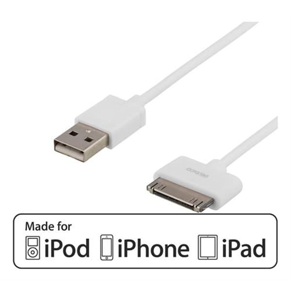DELTACO USB til Apple 30-pinners synkroniserings-/ladekabel, 1 meter, hvit.