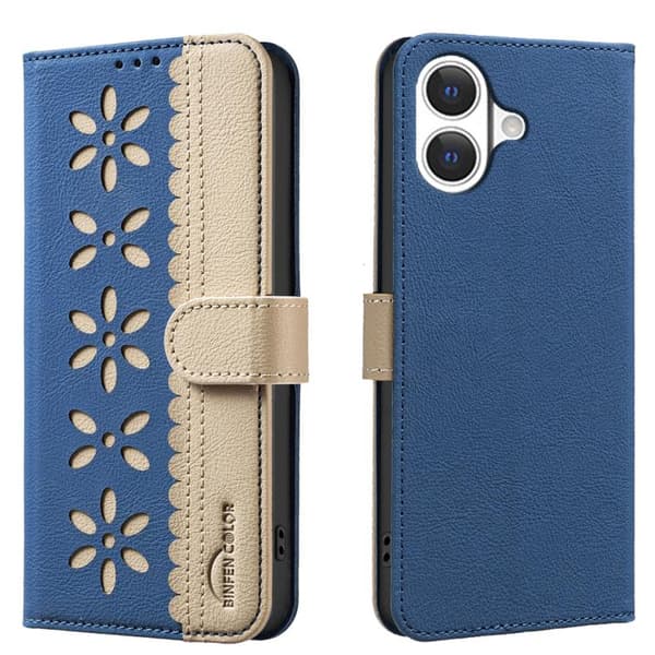 iPhone 17 mobilskal, lädermaterial, tvåfärgad, blommönster, mörkblå. Mörkblå