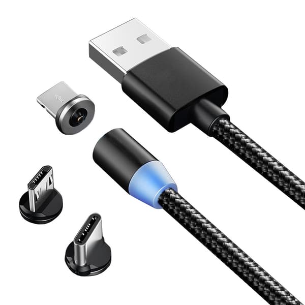 Magneettinen 3-in-1 latauskaapeli (USB/Micro/Type-C/Lightning) 1 metri musta