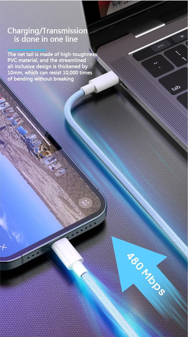 20W USB-C PD datakabel til iPhone 14/13/12/11 Pro Max/Xs/8 Plus/iPad, 3A datakabel, lilla, 2 meter.