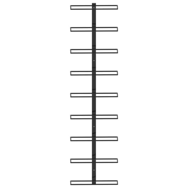 Seinään kiinnitettävä viiniteline, 9 pullolle, mustaa takorautaa.