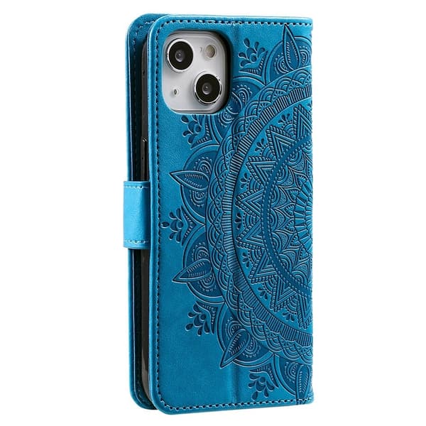 iPhone 15 mobilskal, mandalamönster, lädermaterial, blå.