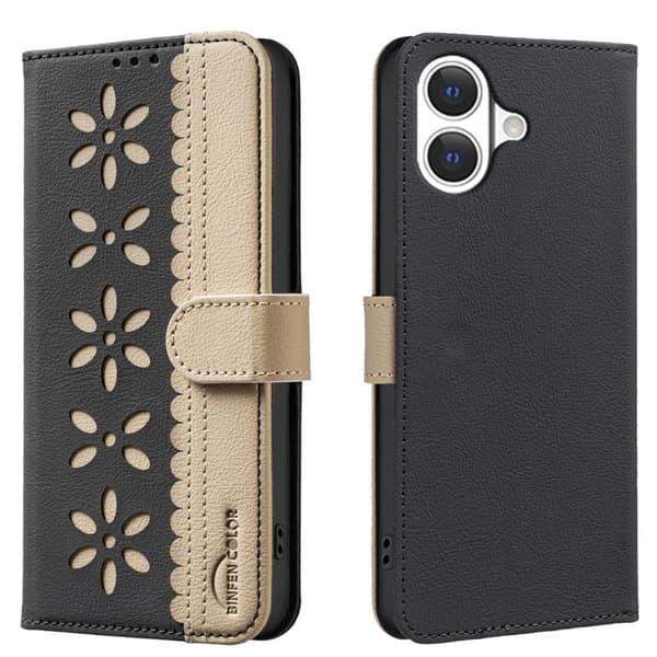iPhone 17 mobilskal, lädermaterial, tvåfärgad, blommönster, mörkblå. Mörkblå