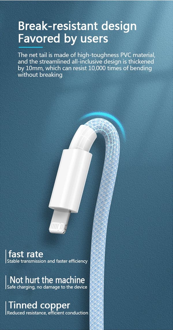 20W USB-C PD datakabel til iPhone 14/13/12/11 Pro Max/Xs/8 Plus/iPad, 3A datakabel, lilla, 2 meter.