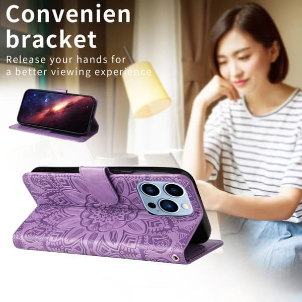 iPhone 17 telefoncover, lædermateriale, præget solsikkemønster, blå. Blå