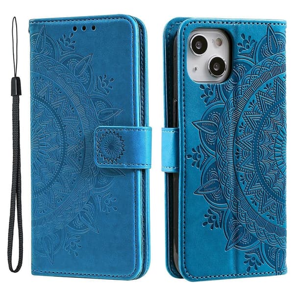 iPhone 15 mobilskal, mandalamönster, lädermaterial, blå.