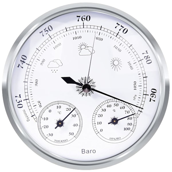 Analogt barometer, termometer og hygrometer (sølv, 128 mm) silver