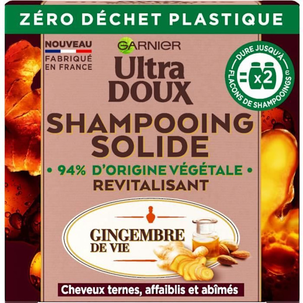 GARNIER Ultra Doux kiinteä shampoo - vaurioituneet hiukset - inkivääri- ja luomumanteliöljy - 60 g