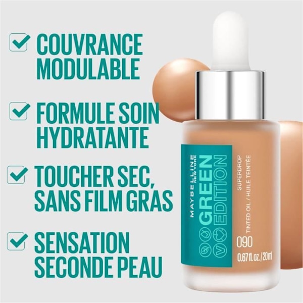 Ansigtsolie - MAYBELLINE NEW YORK - Green Edition Superdrop - Farvet N°60 - 30ml - Foundation Tonet