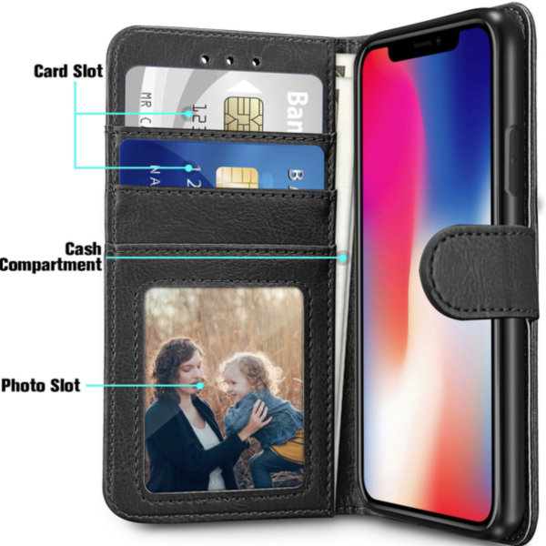Nahkainen lompakkokotelo iPhone X / Xs:lle (3 korttia) - KAIKKI VÄRIT musta