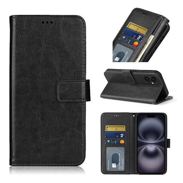 iPhone 16 Læder Wallet Case – 3 Kortlommer – Sort sort