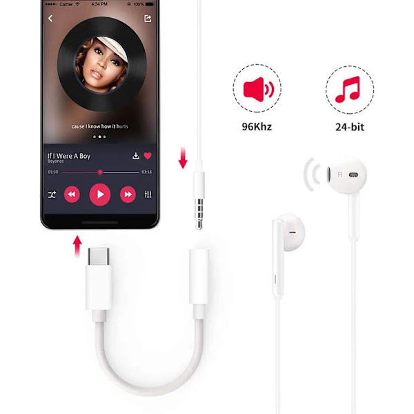 USB-C - 3,5 mm adapteri (S23/S24/S25) - VALKOINEN