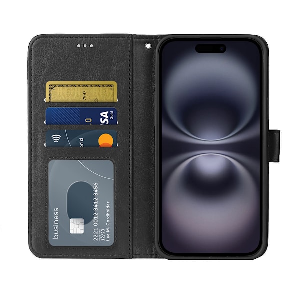 iPhone 16 Plånboksfodral i Läder – 3 Kortfack – Svart svart