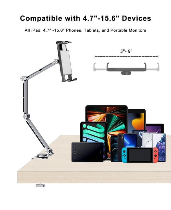 Tablettiteline - iPad-pidike - 360° säädettävä - Pitkät varret - Tablettiteline iPad Pro Air Mini 4.7\" - 15.4\" - Hopea
