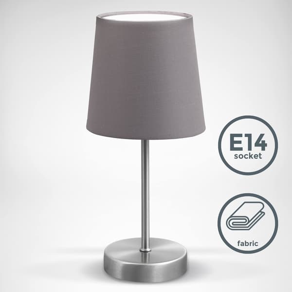 moderne design bordlampe, grått stoff, matt nikkel metallbase, for E14 LED-pære, IP20