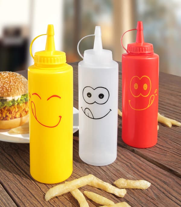 Smiley Faces klämflaska set, plast, röd, gul och klar, 355 ml