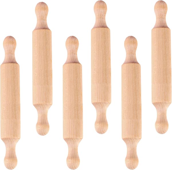 6 stk. små kjevler i tre, minikjevle med 2 ruller, håndtak, non-stick leiredeigkjevle, for baking, kjeks, bakverk, deig