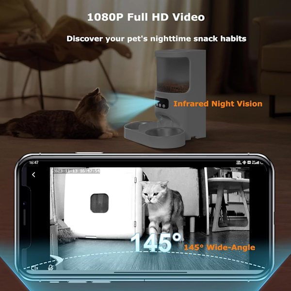 Automatisk kattefoderautomat med kamera, 1080P HD video nattevision kæledyrsfoderdispenser, 5G & 2.4GHz WiFi kæledyrsfoderautomat med 2-vejs lyd