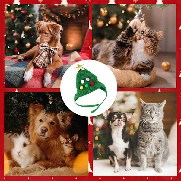 Julehat til hunde, Julehat til katte, Julehat til kæledyr, med søde pomponer, Julehat til hunde og katte, til kæledyr (Grøn)