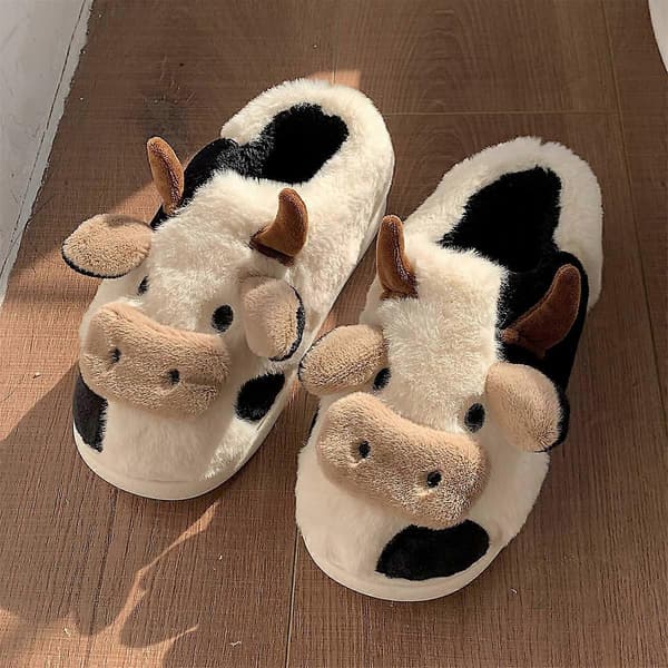 Bomulls tofflor med tecknad ko, vintertofflor för dam Size 41-42