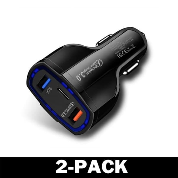 Biloplader Hurtig Opladning PD, USB-C med Dobbelte USB-porte, Hurtig Opladningsadapter Sort 2-pak 2-Pack