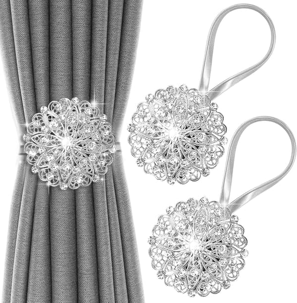 Gardinbindere, funklende blomsterdekorative magnetiske gardinbindere, ingen boring af gardinholdere, rustfrit stål (sølv 2-pak) silver